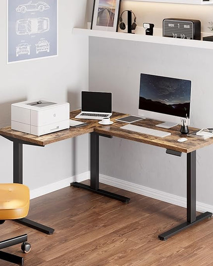 FLEXISPOT L Shaped Standing Desk, 63 x 47 Inch Electric Height Adjustable Corner Desk, Sit Stand Computer Workstation, Preset Controller, Home Office, Black Frame with Rustic Brown Top