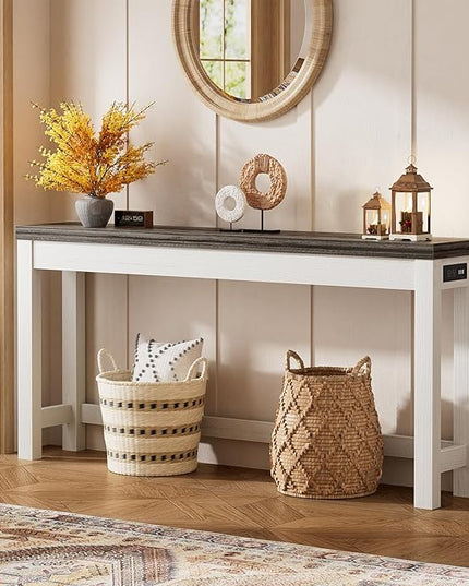 Cyclysio 63" Console Tables for Entryway, Long Console Tables for Living Room, Behind Couch Table, Sturdy Wood Support Farmhouse Entryway Table with 3AC+2USB Charging‌ Station, Oak Grey