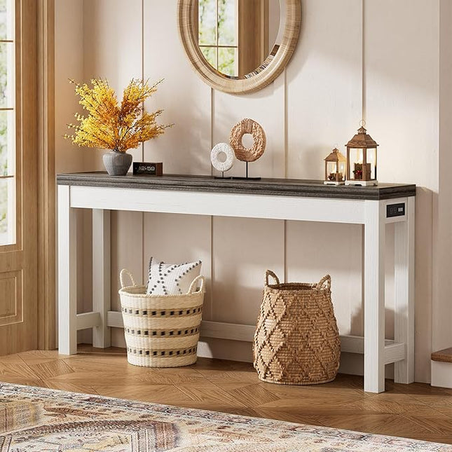 Cyclysio 63" Console Tables for Entryway, Long Console Tables for Living Room, Behind Couch Table, Sturdy Wood Support Farmhouse Entryway Table with 3AC+2USB Charging‌ Station, Oak Grey
