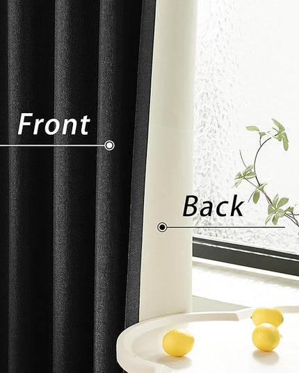 DUALIFE Faux Linen Blackout Black Curtains 80 Inch Long,Farmhouse Burg Back Tab Rod Pocket Curtains Room Darkening Thermal Insulated Drapes for Bedroom Living Room,W50 x L80,2 Panels