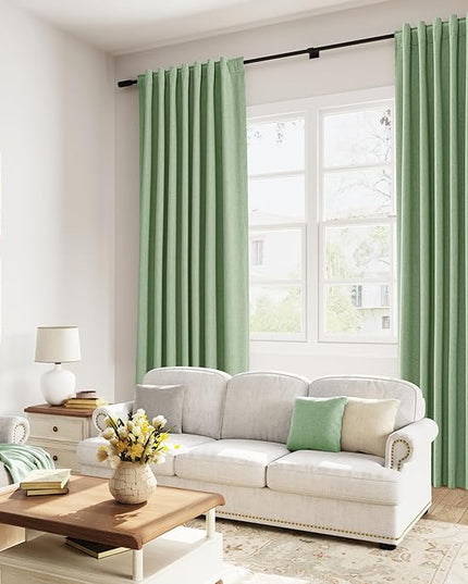 Guken 100% Blackout Linen Curtains 100 Inch Length 2 Panels Set for Living Room Bedroom Back Tab Thermal Insulated Black Out Linen Drapes Room Darkening Window Curtains,Light Sage