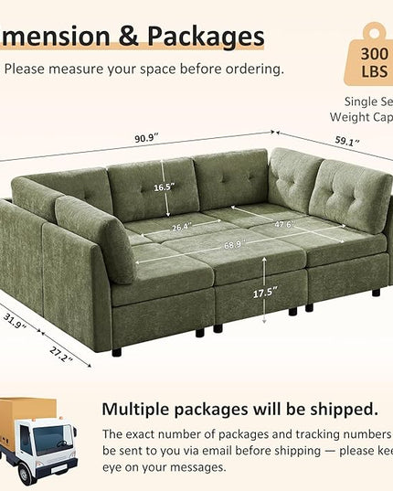 VANOMi 5 Seater Cloud Couches for Living Room with Ottoman, Convertible Modular Sectional Sofa Bed, Chenille Cloud Sofas & Couches for Apartment, Office, Green, Sofa Bed