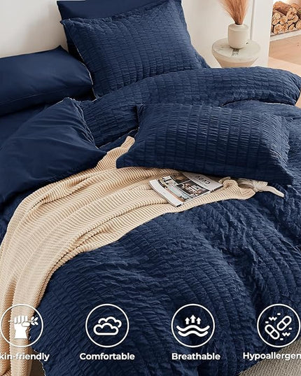 HYMOKEGE Navy Blue Queen Comforter Set Seersucker 7 Pieces, All Season Luxury Bed in a Bag for Bedroom, Bedding Set with Comforters, Sheets, Pillowcases & Shams