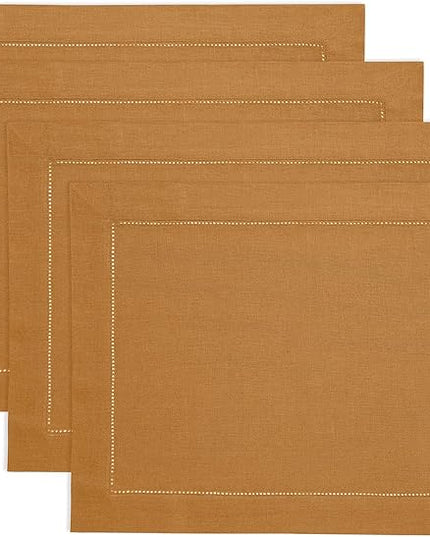 Solino Home Linen Cloth Placemats Set of 4-100% Pure Linen Hemstitch Brown Sugar Placemats 14 x 19 Inch - Classic Hemstitch Table Place Mats