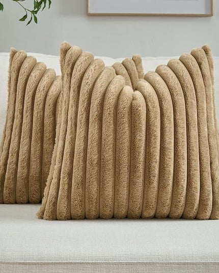 FUTEI Camel Throw Pillow Covers Set of 2, 28x28 Inch Striped Texture Euro Pillow Shams with Soft Faux Rabbit Fur Front & Velvet Back, Modern Decorative Couch Pillows for Living Room