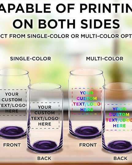 Custom Beer Can Glasses Set of 100, 16 oz. Pint Sized, Promotional Text, Logo, Soda Can Shape, Glassware, Purple