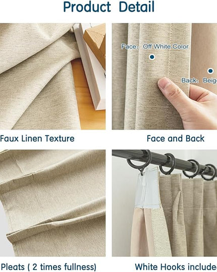 LETAU Pinch Pleated Linen Texture Beige Curtains 84 inches Long, 100% Blackout Privacy Window Curtains Panels Drapery, 120" W x 84" L, 2 Panels
