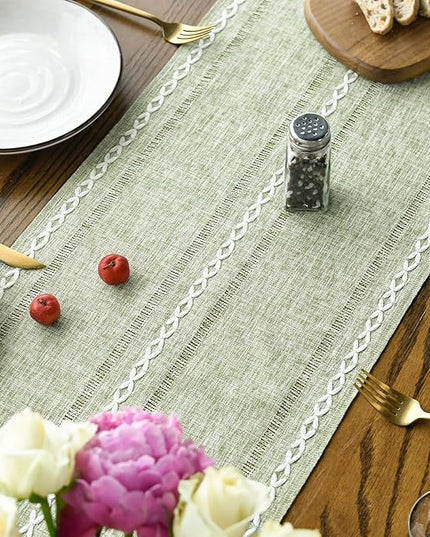 Artoid Mode Sage Green Rustic Cotton Linen Table Runner, Seasonal Embroidered Hollow Kitchen Dining Table Decoration for Home Party Decor 13x60 Inch