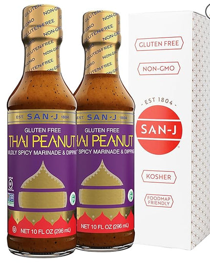 San-J - Gluten Free Thai Peanut Sauce -Traditional and Tasty Cooking Sauce - Non-GMO - 10 oz. Bottles - 2 Pack