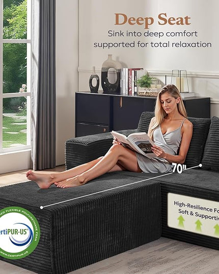 106" Modular Sectional Sofa with L-Shape Chaise, Right/Left Facing Deep Seat Cloud Couch, No Assembly Required, Upholstered Couch for Living Room Bedroom (Plush Corduroy Fabric, Black)