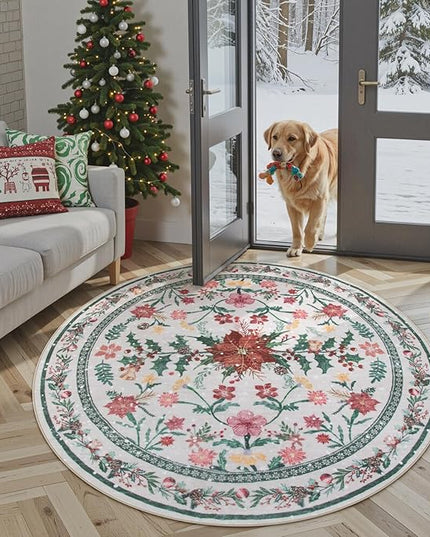 Wonnitar Christmas Decorations for Bedroom, Round Christmas Rug for Entryway Indoor, 4ft Washable Circle Rug Holiday Decor Non Slip Small Round Carpet for Living Room Kids Room Bathroom Xmas Tree