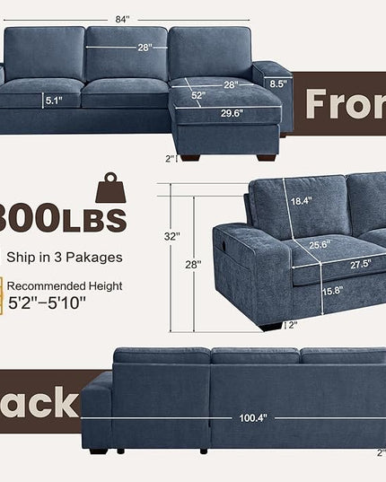 PARKOL 99" L-Shaped Sectional Couch with Storage, Sofa with Reversible Chaise, USB Type-C Charging, Chenille Fabric, Removable Cushion Covers, for Small Space, Apartment, Living Room, Blue