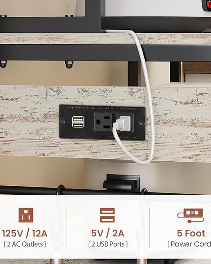 Itaar 47.2 Inch Bakers Rack with Power Outlet, Microwave Stand with Storage, Farmhouse Coffee Bar Cabinet Station with Wine Rack, Iron Mesh and 8-S Hooks, Vintage White