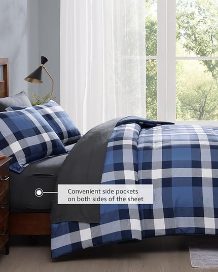 MaiRêve Queen Size Plaid Comforter Set Indigo Blue, Classic Checkered 7 Pieces Farmhouse Bedding Set, All Season Lightweight Bed in A Bag with Sheets, Pillowcases & Shams