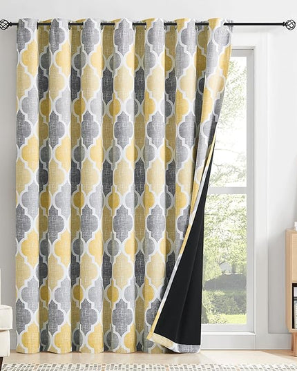 Beauoop 100% Blackout Curtains 96 Inches Long for Patio Sliding Door Yellow Grey Extra Wide Moroccan Geo Room Darkening Thermal Soundproof Room Divider Grommet Window Treatment Drapes,100x96 Set of 1