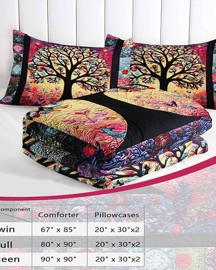 AILONEN Colorful Tree of Life Comforter Set Queen Size,Bohemian Ethnic Tree Flower Comforter with 2 Pillowcases,3-Piece Retro Duvet Set