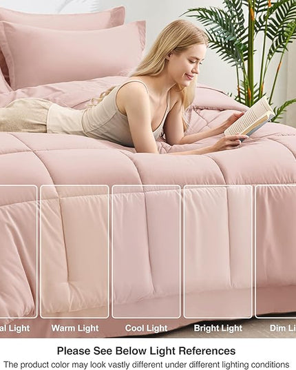 Love's cabin Twin Comforter Set Blush Pink, 5 Pieces Twin Bed in a Bag, All Season Bedding Sets with 1 Comforter, 1 Flat Sheet, 1 Fitted Sheet, 1 Pillowcase and 1 Pillow Sham