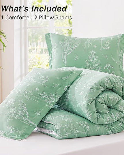 Love's cabin Sage Green Comforter Set Queen - Queen Size Comforter Set, 3 Pieces Cute Floral Bedding Sets for All Seasons,1 Soft Reversible Botanical Flowers Comforter and 2 Pillow Shams