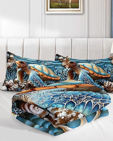 AILONEN 3D Sea Turtle Bedding Sets,Ocean Bedding Sets Queen Size,Shell Anchor Duvet Set,3-Piece, 1 Quilt and 2 Pillowcases,Soft Microfiber