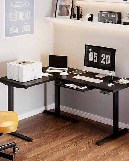 FLEXISPOT L Shaped Standing Desk, 63 x 47 Inch Electric Height Adjustable Corner Desk, Sit Stand Computer Workstation, Preset Controller, Home Office, Black Frame with Black Top, Black Drawer