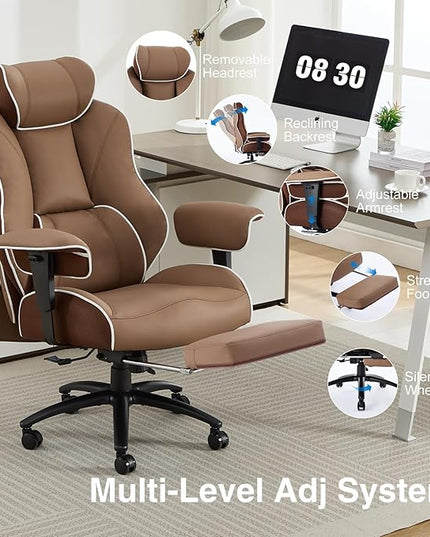 DJ·Wang Big and Tall Office Chair with Foot Rest, High Back Executive Office Chair PU Leather, Ergonomic Chairs with Lumbar Support, 135° Reclining Chairs with Thickened Spring Cushion Brown