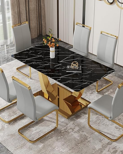 63” Dining Room Table Set for 6,Gold Rectangle Kitchen Table Set with PU Leather Chairs,Black Faux Marble Tempered Glass Top and Golden Base