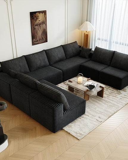 139.4" Modular Sectional Sofa Couch, Oversized U-Shaped Minimalist Couches with 4 Middle Seats Chaise, Modern Deep Seat Cloud Plush Corduroy Sofas Set for Living Room, 8 Seater, Black
