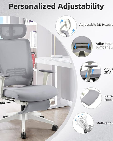 Foldable Office Chair with Foot Rest, Ergonomic Office Chair with Adjustable Lumbar Support, Headrest, Armrest, Home Office Desk Chairs for Space Saving, Grey