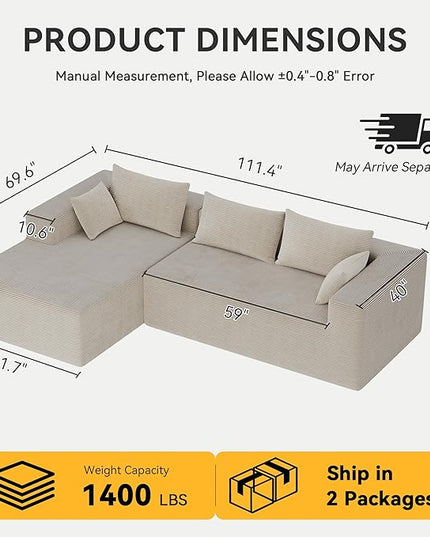 ALISH 111 Inch L-Shaped Cloud Sectional Sofa Couch, Compression Couch with Chaise, Modular Deep Seat Boneless Design for Easy Setup, Plush Upholstered Living Room Bedroom Apartment Furniture, Beige