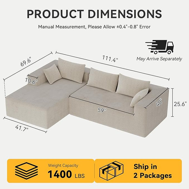 ALISH 111 Inch L-Shaped Cloud Sectional Sofa Couch, Compression Couch with Chaise, Modular Deep Seat Boneless Design for Easy Setup, Plush Upholstered Living Room Bedroom Apartment Furniture, Beige