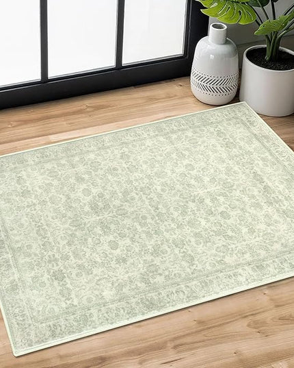 2x3 Washable Rug Soft Area Rug for Entryway, Light Sage Green and Ivory Non-Slip Indoor Door Mat Floral Low-Pile Kitchen Rugs, Neutral Vintage Carpet for Entrance Kitchen Bedside Farmhouse