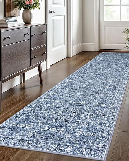 2.6x10 Runner Washable Rug for Kitchen, Blue Soft Classic Runner with Non-Slip, Non-Shedding Distressed Floral Rug for Hallways Entryway Bedroom Bathroom Laundry Indoor