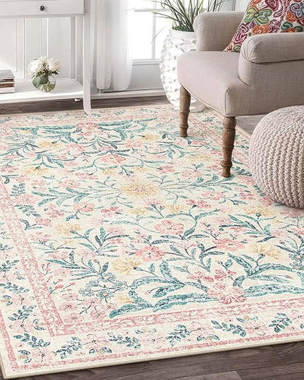 Wonnitar Pink Rugs for Bedroom Girls, 5x7 Washable Rug for Nursery Decor, Boho Soft Floral Carpet Non Slip, Indoor Ultra-Thin Floor Carpet for Baby Kids Room Living Room Dorm