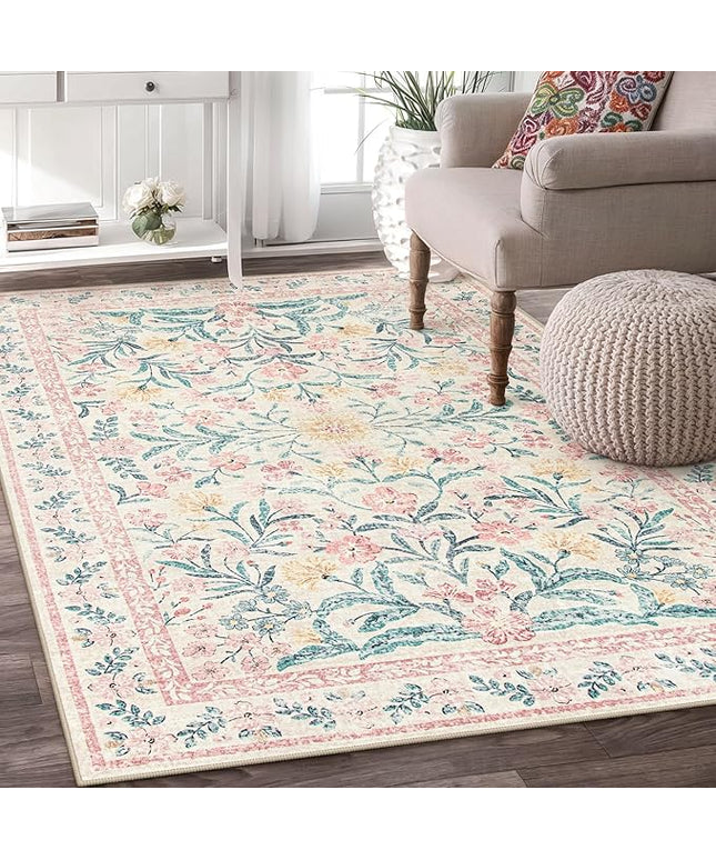 Wonnitar Pink Rugs for Bedroom Girls, 5x7 Washable Rug for Nursery Decor, Boho Soft Floral Carpet Non Slip, Indoor Ultra-Thin Floor Carpet for Baby Kids Room Living Room Dorm