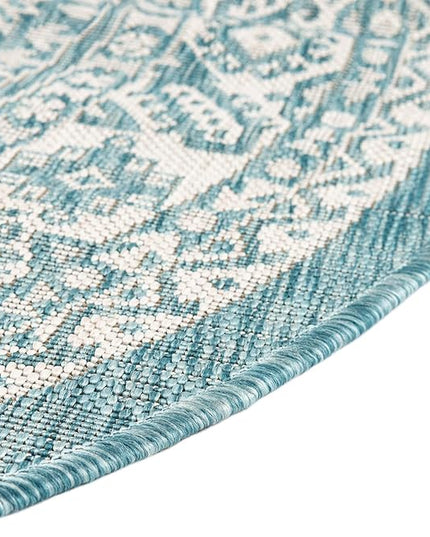 Rugs.com Outdoor Aztec Collection Rug – 8 Ft Round Aqua Flatweave Rug Perfect for Kitchens, Dining Rooms
