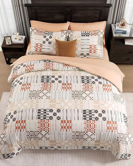 MaiRêve Queen Comforter Set, Classic Plaid Farmhouse Bedding Sets 7 Pieces, Beige All Season Bed in A Bag with Sheets, Pillowcases & Shams