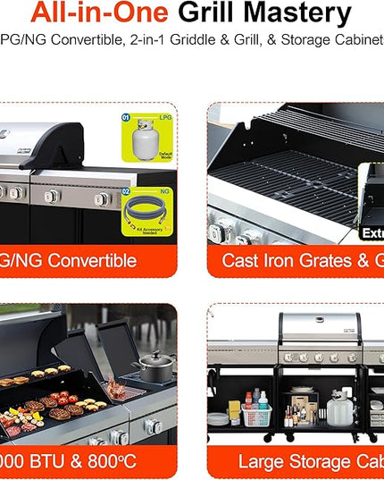 Brand-Man Outdoor Kitchen Island – 5-Burner Gas Grill & Griddle Combo with 800°C Infrared Sear Zone, Dual-Zone Cooktop, Sink & Storage, 995 sq.in Cooking Area, 67,000 BTU Stainless Steel BBQ Station