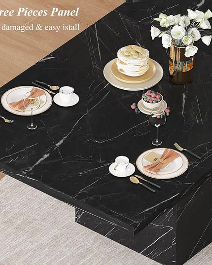 HSH 55 inch Dining Room Table for 4, Modern Black Faux Marble Dining Table, Rectangle Kitchen Table with Heavy Duty Pedestal, Industrial Wood Dinner Desk for Home Living Room, Black Marble, 55 Inch