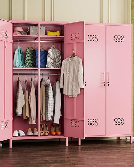 Aobabo Metal Wardrobe Cabinets with Lock, 2 Door Metal Closet wtih 4 Adjustable Shelves and 2 Hannging Rod, Lockable Locker Cabinet, Storage Locker for Home, Office,Pink, Assembly Required