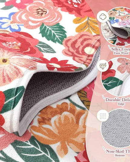 Wonnitar Washable Area Rug 3x5, Soft Red Camellia Floral Rugs for Living Room Bedroom, Non Slip Cute Flower Nursery Rug Scalloped Rug Carpet for Kids Room Bedside Entryway Laundry Room (Red,3'x5')
