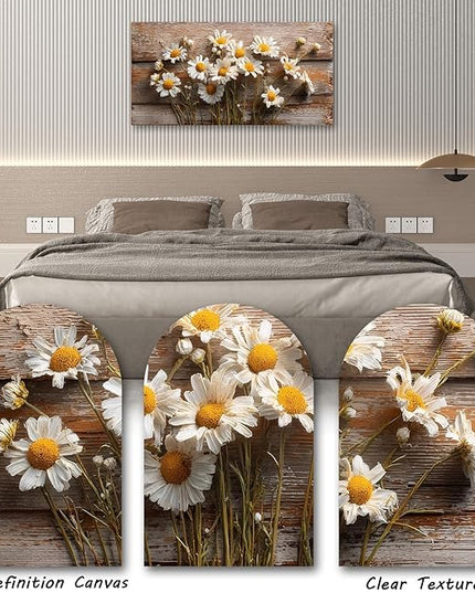 KZKU Rustic Daisy Canvas Wall Art-Large Farmhouse Floral Print- White Flowers on Weathered Wood Background- Modern Decor for Living Room Bedroom 24X48in