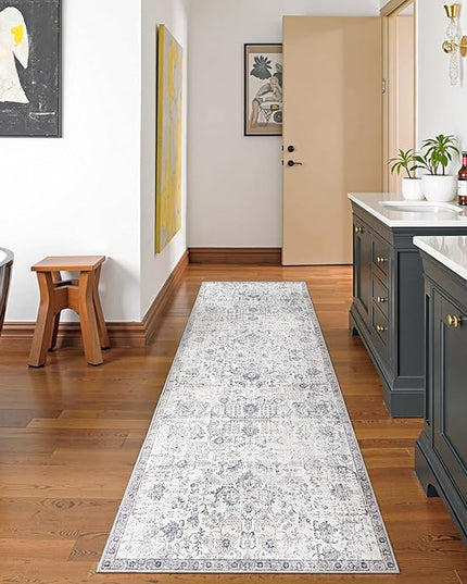jinchan Kalen Runner Rug 2x10 Washable Hallway Rug Vintage Indoor Thin Retro Floor Cover Distressed Gray Floral Country Lightweight Non Slip Carpet for Entryway Bathroom Bedroom Living Room Grey