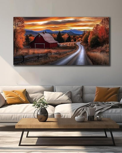 JuhaiArt Large Natural Wall Art Landscape Canvas Decor Fall Canvas Picture for Living Room Bedroom Red Barn Farmhouse Artwork 29" x 59"