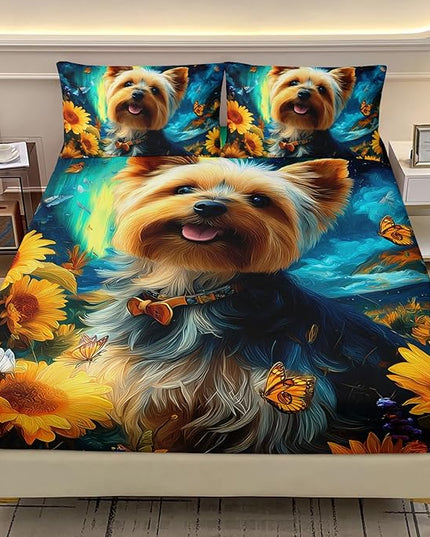 AILONEN Cute Puppy Sheet Set Twin XL Size for Kids Girls Boys,Kawaii Dog with Sunflower Bedding Set,Bohemian Butterflies Starry Night Bed Sheets,Super Soft Microfiber,1 Fitted Sheet and 2 Pillowcases