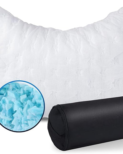 Cooling Side Sleeper Pillow for Neck and Shoulder Pain, Luxury Shredded Memory Foam Curved Bed Pillows for Sleeping Set of 1- Adjustable Travel Pillow Size- Washable Cover Crescent White