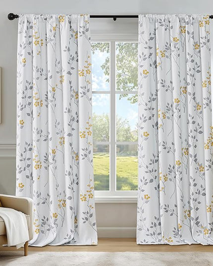 Beauoop Floral 100% Blackout Curtains 96 Inches Long 2 Panels for Bedroom Living Room Yellow Grey and White Flower Patterned Room Darkening Thermal Soundproof Rod Pocket Back Tab Window Drapes, 52X96