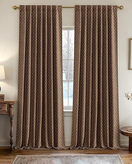 MIULEE Decorative Back Tab Linen Curtains with Geometric Pattern for Living Room Bedroom Farmhouse Rustic Thick Woven Textured Patterned Mudcloth Drapes 96 Inches Long 2 Panels Set, Dark Coffee