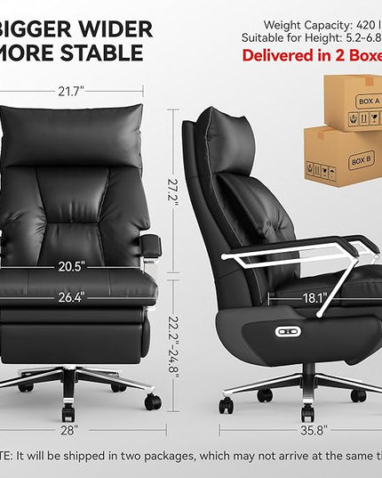 M80A Dual Motor Electric Executive Office Chair with Footrest, Comfortable Reclining Office Chair Wide Seat, Big and Tall Ergonomic Leather Home Office Desk Chair (Black,No Massage)