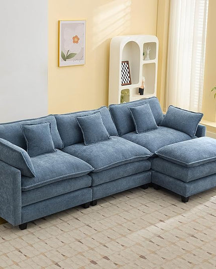111'' Sectional Cloud Deep Seat Couch, Modern Comfy Chenille L Shaped Sectional Sofa for Living Room Set, Upholstered Modular 4-Seats Sofa Couch with Movable Ottoman, Blue