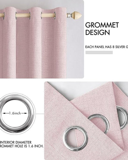 MIULEE Linen Texture Curtains for Bedroom Solid 100% Blackout Thermal Insulated Pink Curtains Grommet Room Darkening Drapes for Living Room Nursery 52x63 Inch (2 Panels)